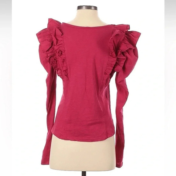 Anthropologie Dark Pink Ruffled V-Neck Top Long Sleeve Size XXS - Picture 3 of 5